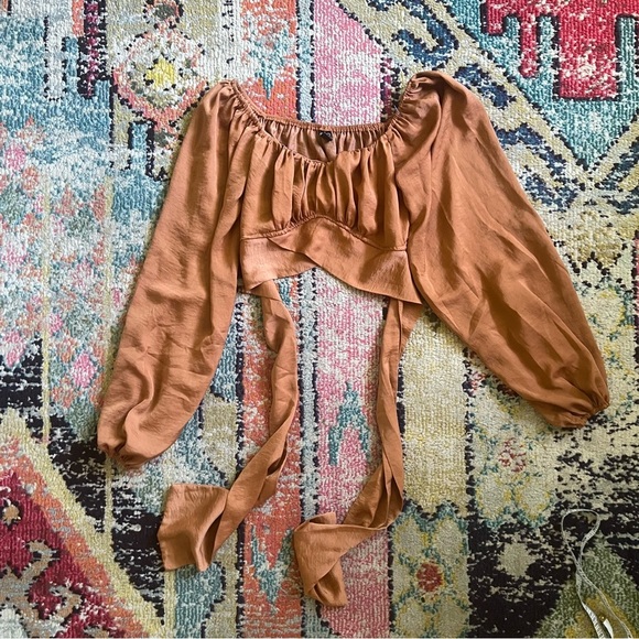 Windsor crop top long ballon sleeves silky brown size s - Picture 3 of 6